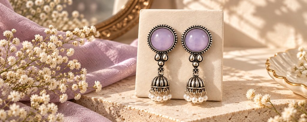 Silver Purple Jhumka Earrings