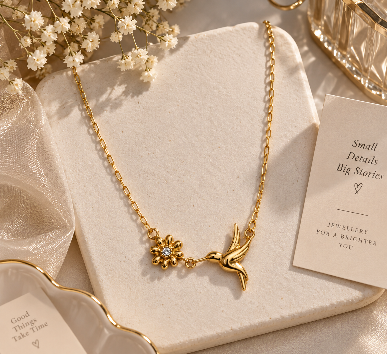 Hummingbird & Solitaire Blossom Necklace