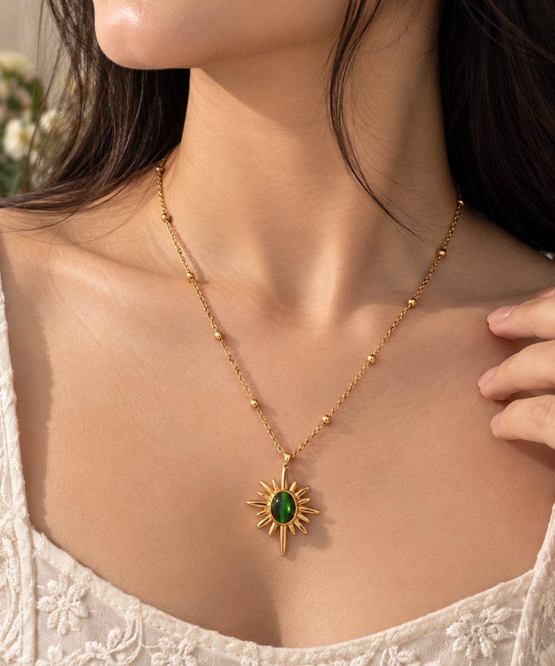 Soleil Emerald Sunburst Pendant Necklace alternate angle